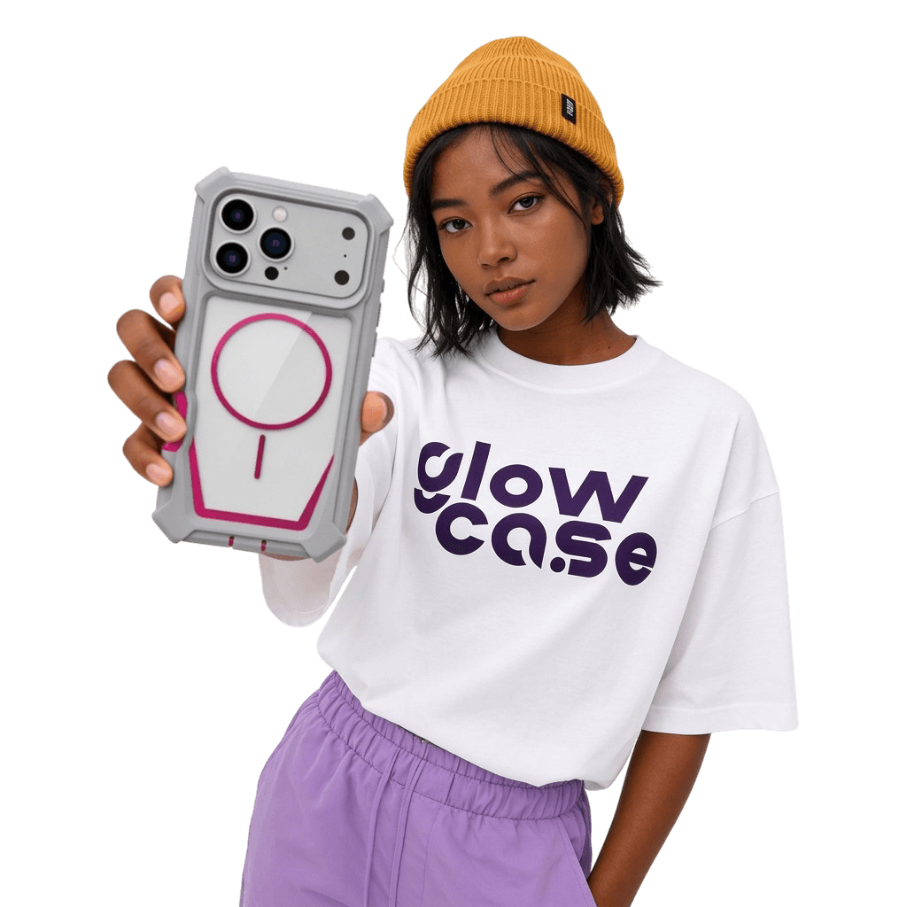 Modèle glowcase tenant un iPhone